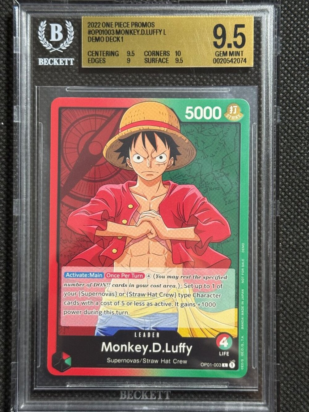 2022 One Piece OP01-003 Romance Dawn Monkey D Luffy Demo Deck BGS 9.5 GEM MINT